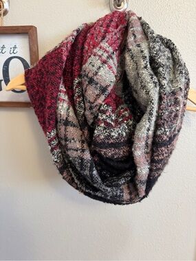 Cozy Plaid Infinity Scarf in Red, Pink & Black